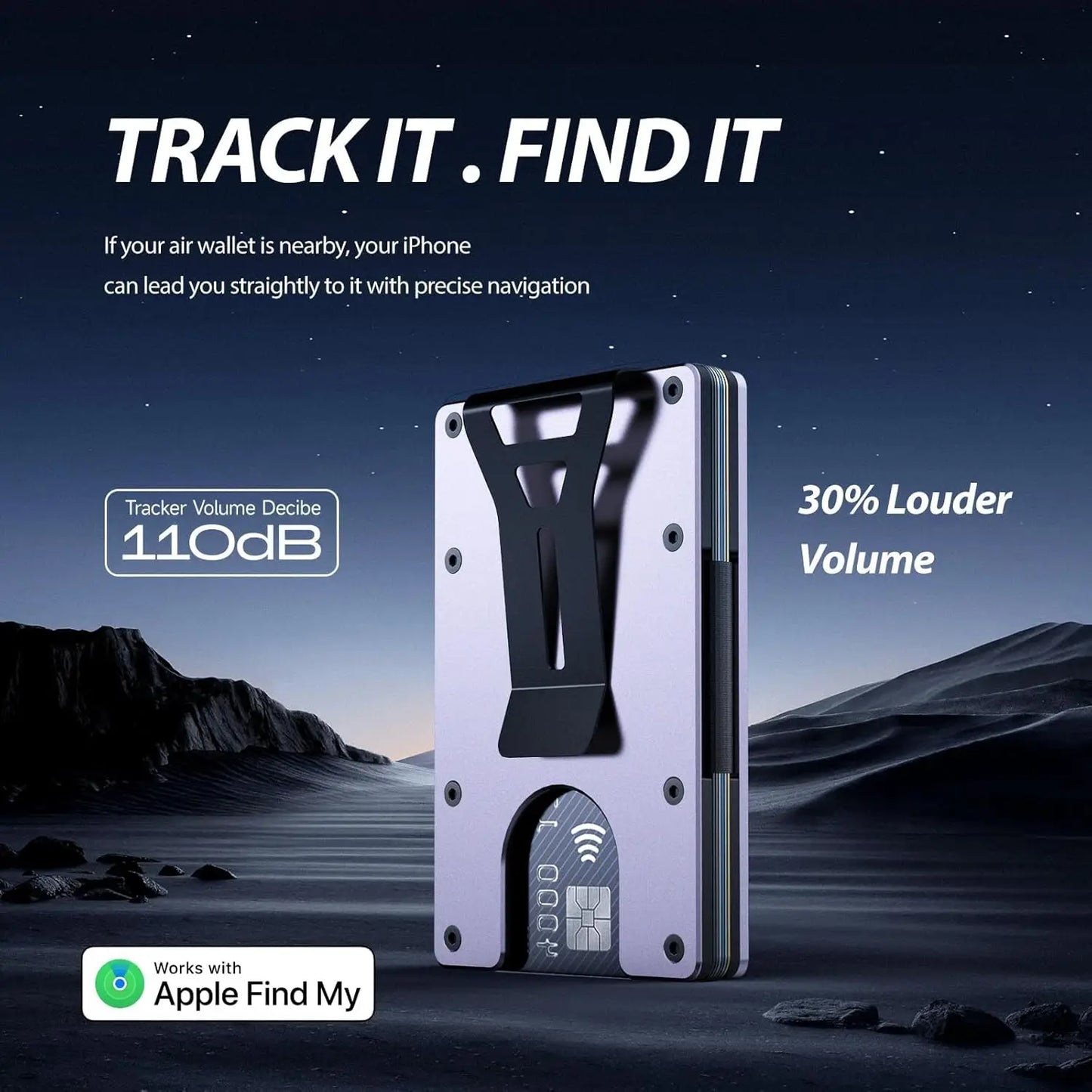 RFID Blocking Slim Wallet, Compatible with Find My iOS Only, Detachable Money Clip