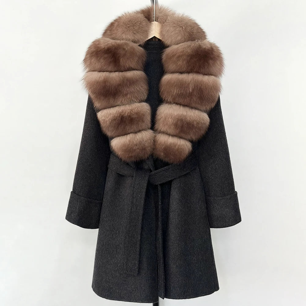 Women's Cashmere-Wool-Blend Fox Fur Collared Coat