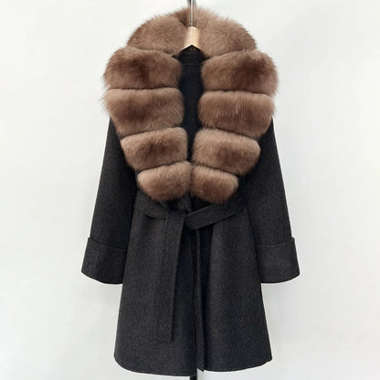 Women's Cashmere-Wool-Blend Fox Fur Collared Coat