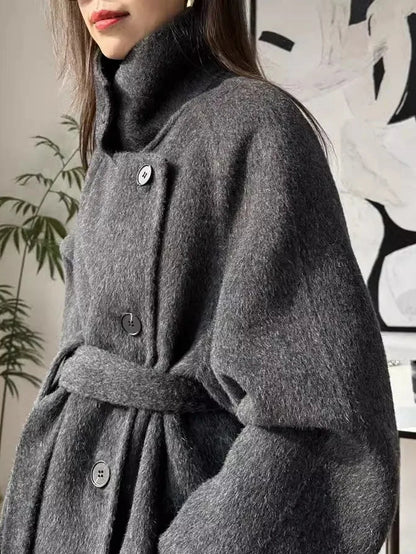 Women's 100% Wool Stand Collar Long Coat
