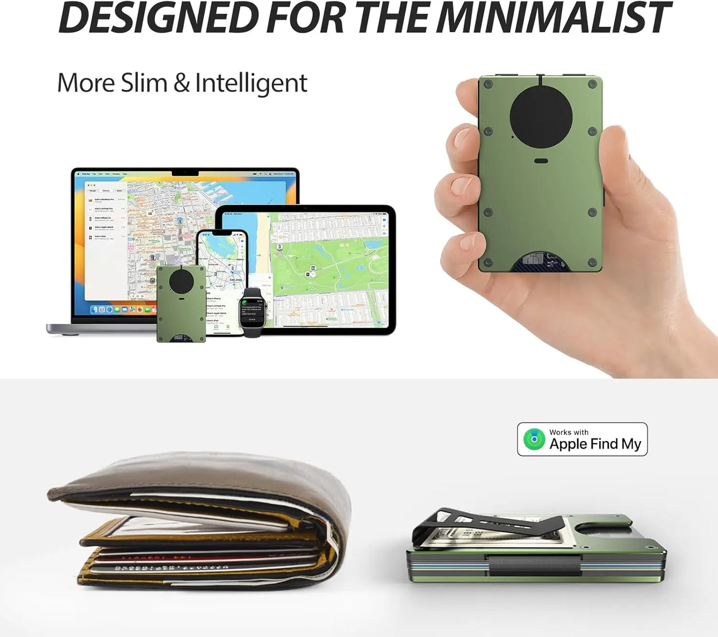 RFID Blocking Slim Wallet, Compatible with Find My iOS Only, Detachable Money Clip