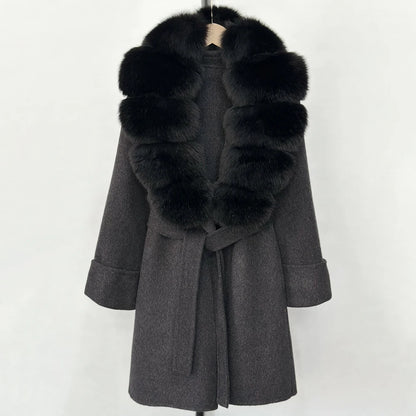 Women's Cashmere-Wool-Blend Fox Fur Collared Coat