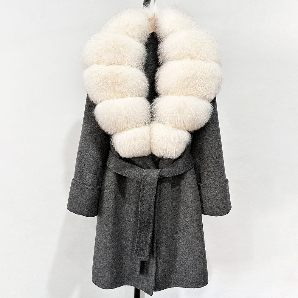 Women's Cashmere-Wool-Blend Fox Fur Collared Coat