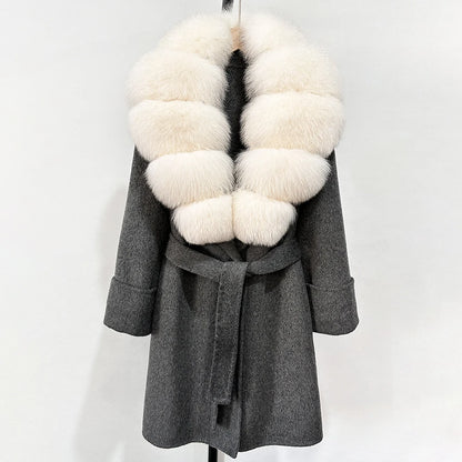 Women's Cashmere-Wool-Blend Fox Fur Collared Coat