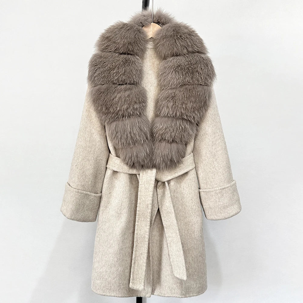 Women's Cashmere-Wool-Blend Fox Fur Collared Coat