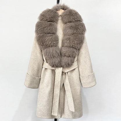 Women's Cashmere-Wool-Blend Fox Fur Collared Coat