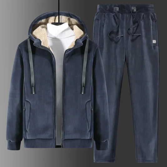 Men's Thick Fleece Sports Hooded Jacket + Pants Set