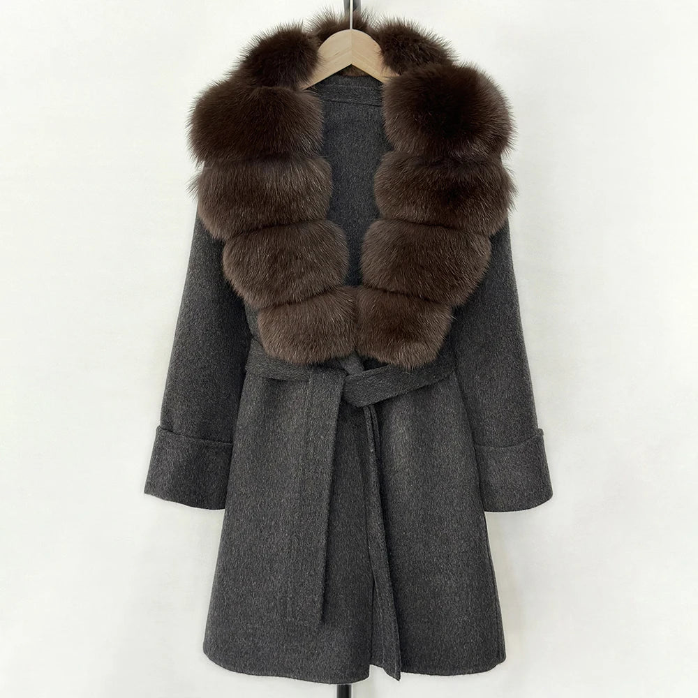 Women's Cashmere-Wool-Blend Fox Fur Collared Coat