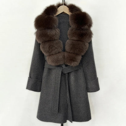 Women's Cashmere-Wool-Blend Fox Fur Collared Coat