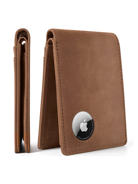 RFID Men's Wallet with Air Tag Cover - Retro Crazy Horse Leather Dollar Clip