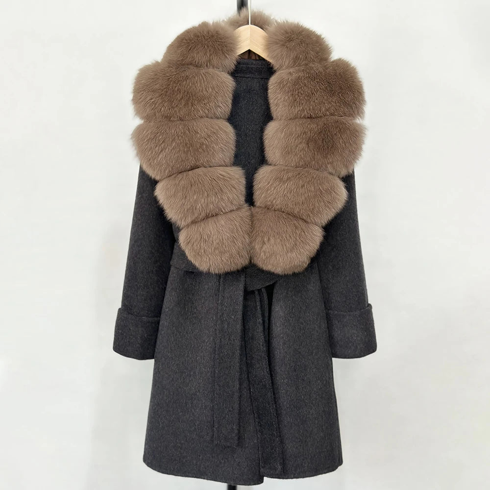 Women's Cashmere-Wool-Blend Fox Fur Collared Coat