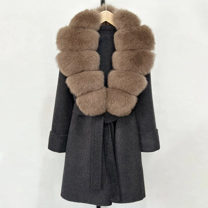 Women's Cashmere-Wool-Blend Fox Fur Collared Coat