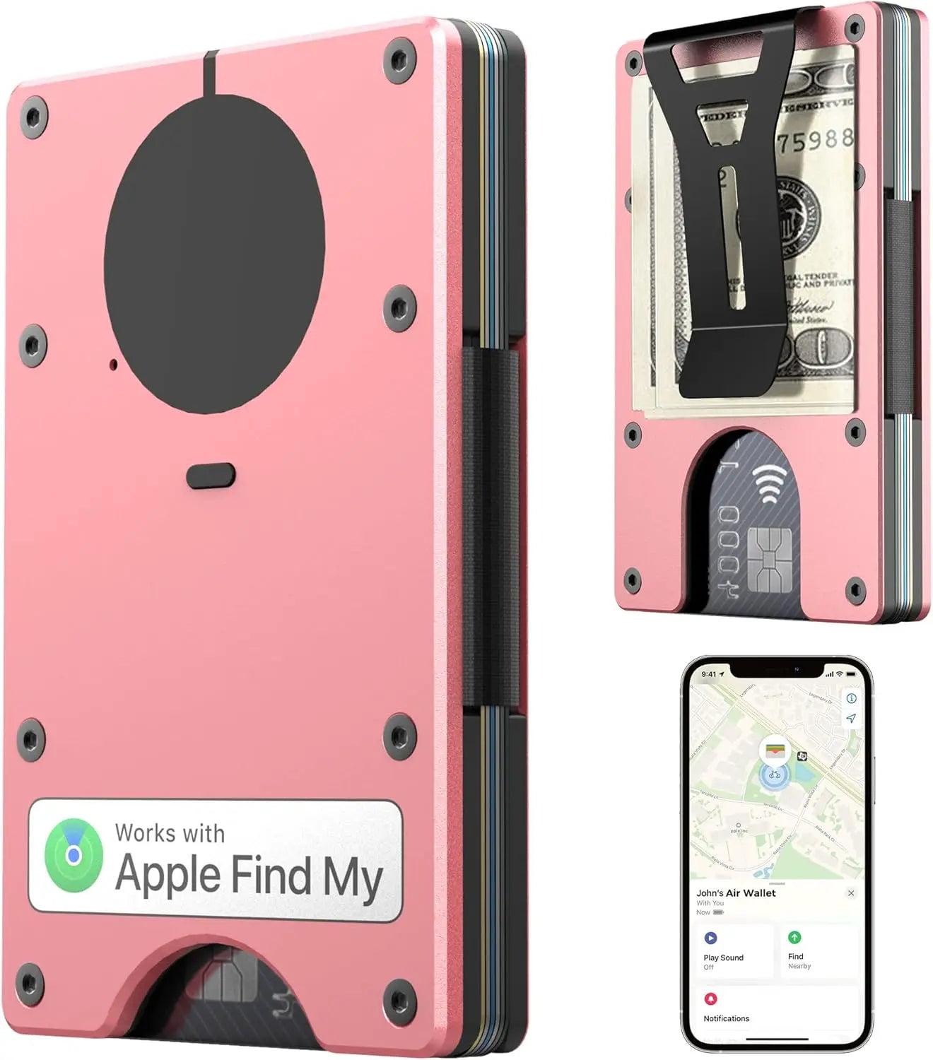 RFID Blocking Slim Wallet, Compatible with Find My iOS Only, Detachable Money Clip