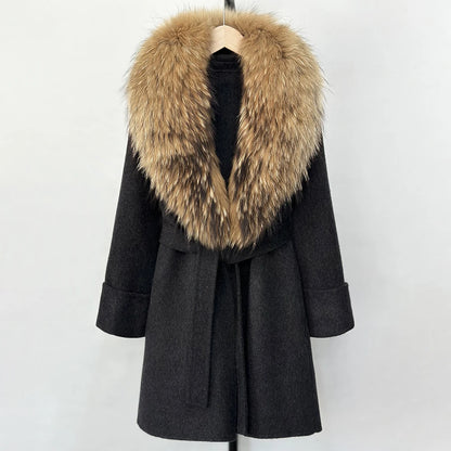 Women's Cashmere-Wool-Blend Fox Fur Collared Coat