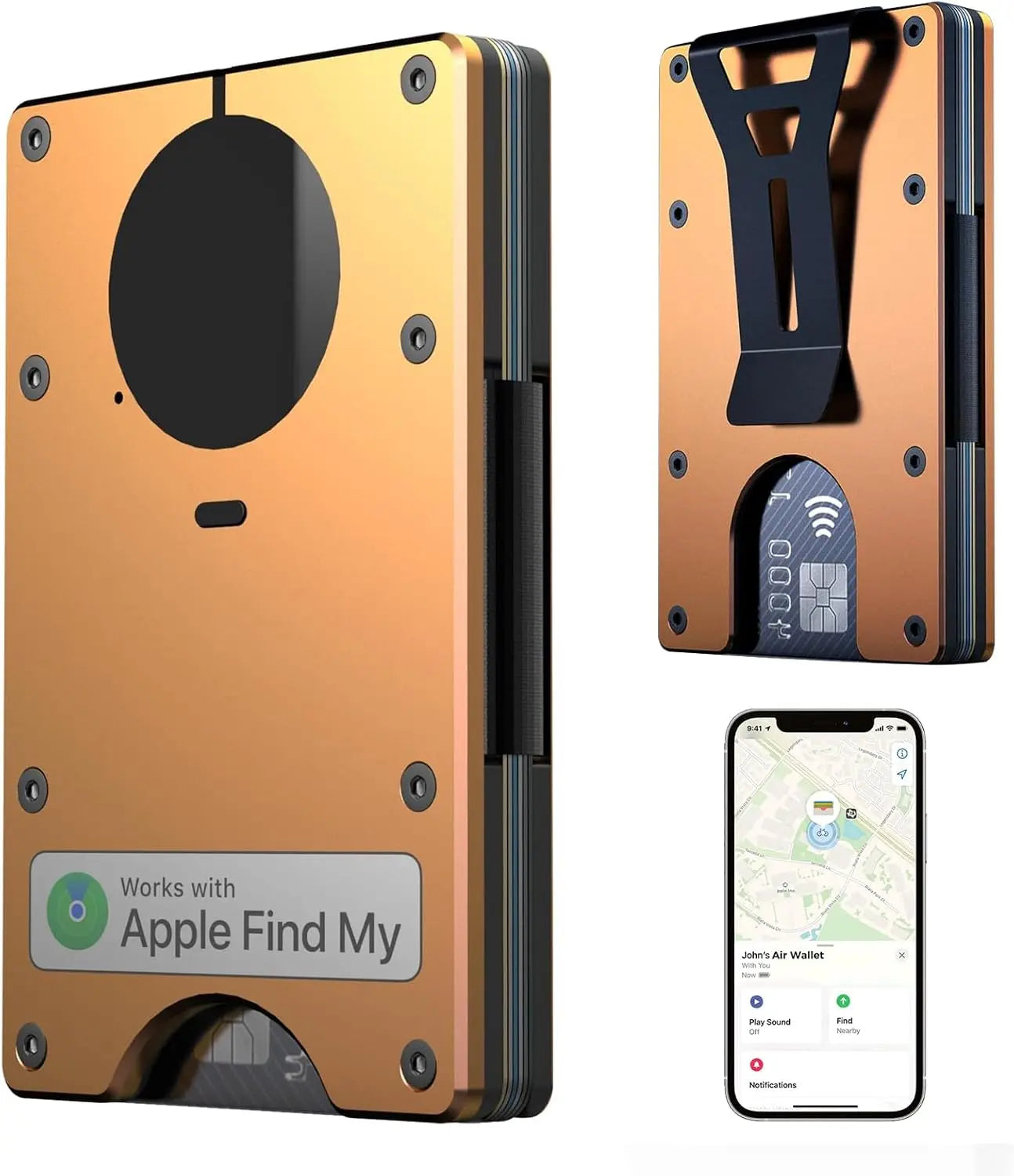 RFID Blocking Slim Wallet, Compatible with Find My iOS Only, Detachable Money Clip