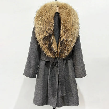 Women's Cashmere-Wool-Blend Fox Fur Collared Coat