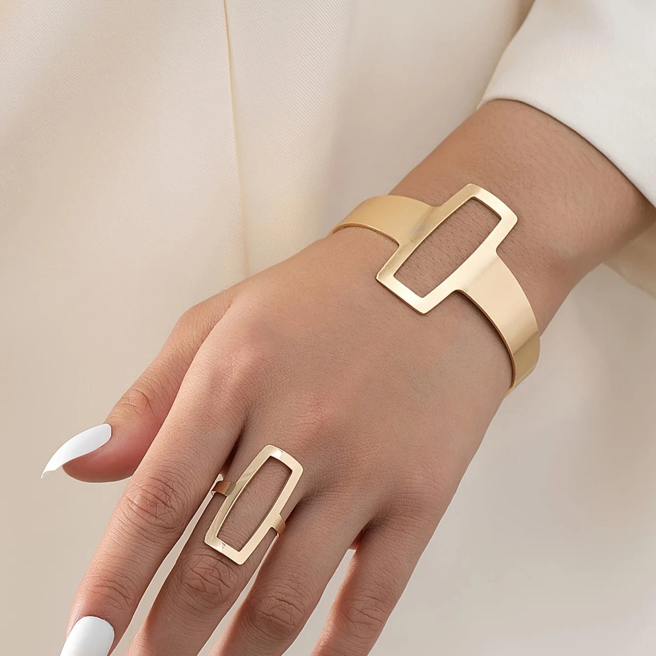 Minimalist Geometric Square Hollowed Out Bracelet and Ring Set