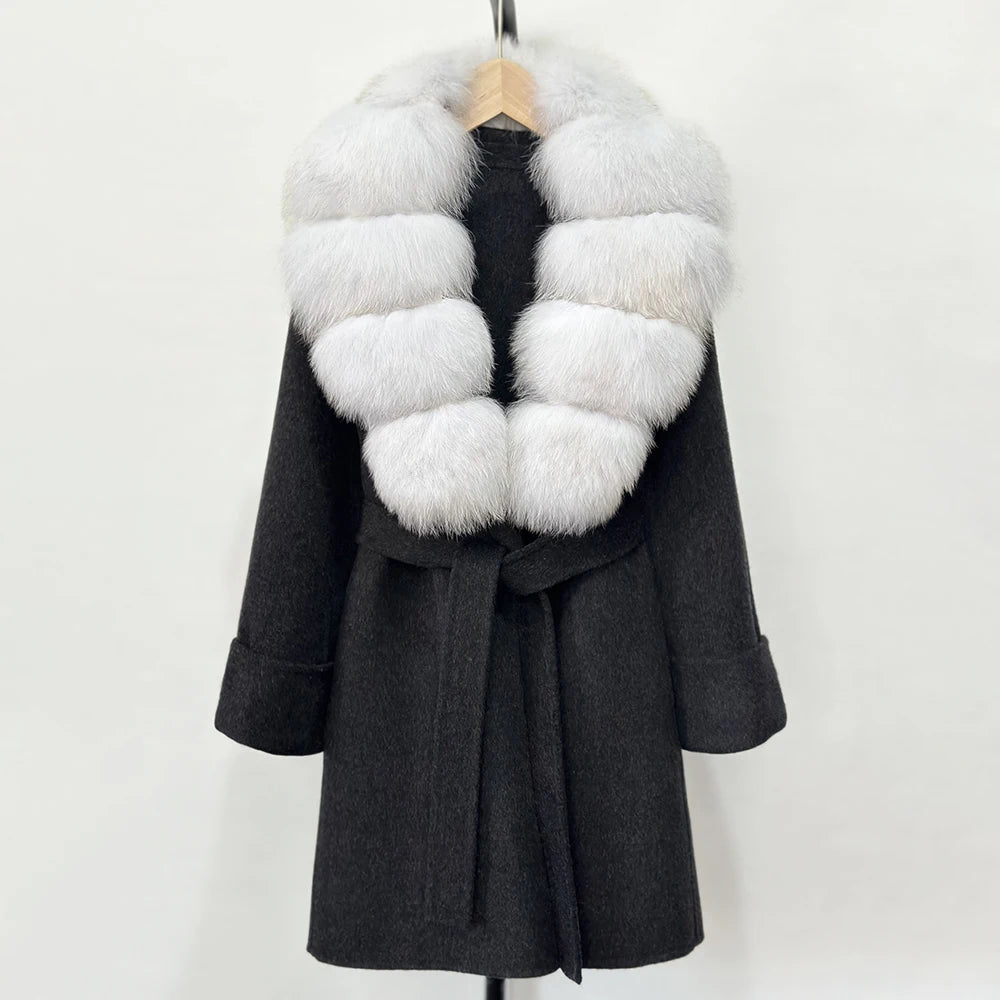 Women's Cashmere-Wool-Blend Fox Fur Collared Coat