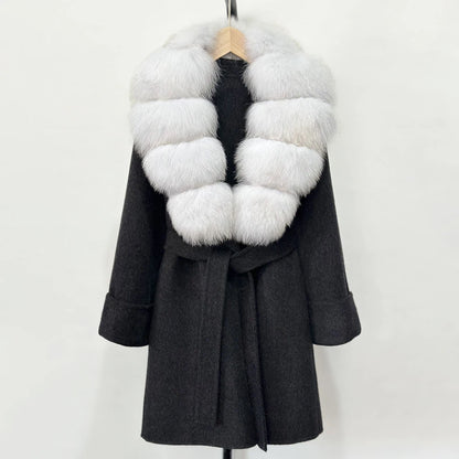 Women's Cashmere-Wool-Blend Fox Fur Collared Coat