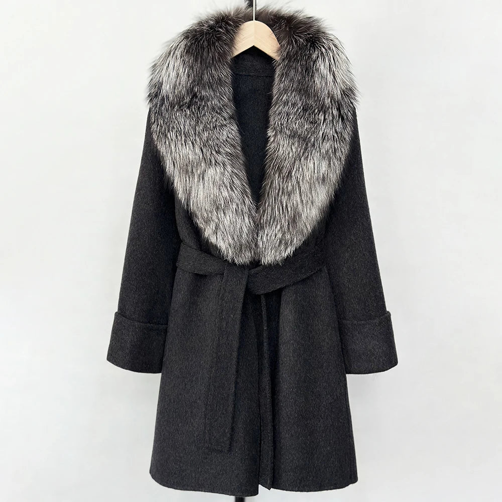 Women's Cashmere-Wool-Blend Fox Fur Collared Coat