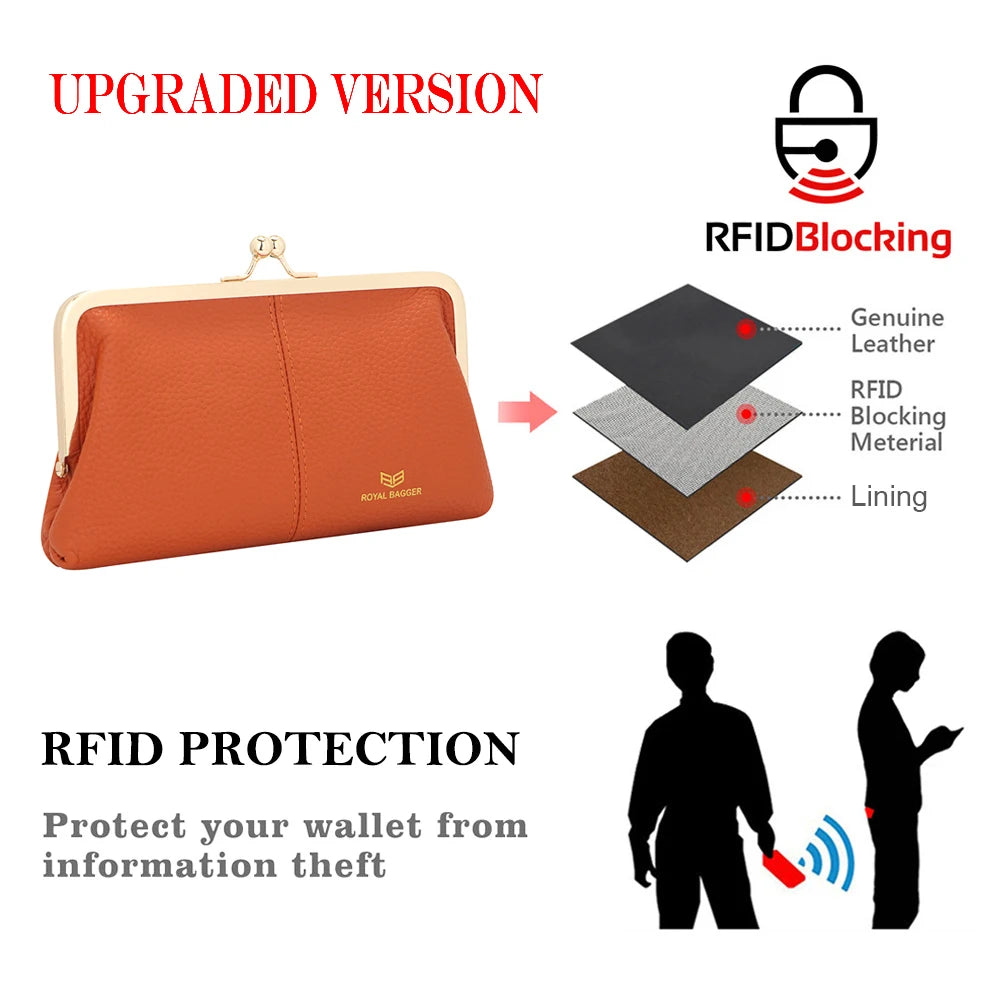 RFID Kiss Lock Wallet, Multi-card Slots, Genuine Leather Clutch Purse