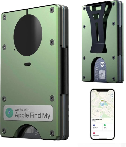 RFID Blocking Slim Wallet, Compatible with Find My iOS Only, Detachable Money Clip