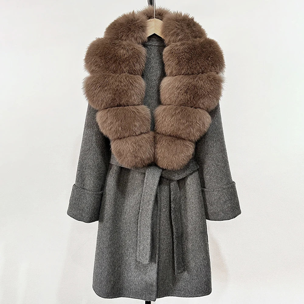 Women's Cashmere-Wool-Blend Fox Fur Collared Coat