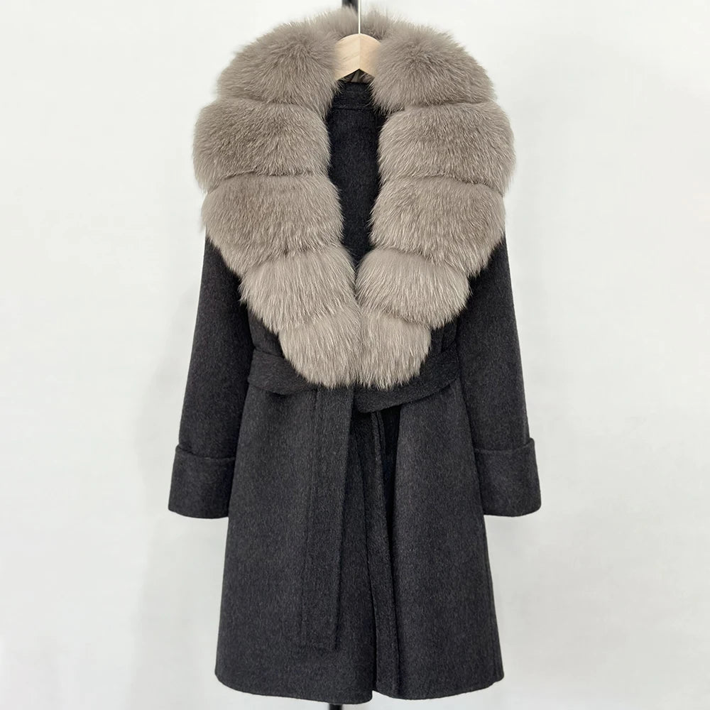 Women's Cashmere-Wool-Blend Fox Fur Collared Coat