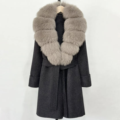 Women's Cashmere-Wool-Blend Fox Fur Collared Coat