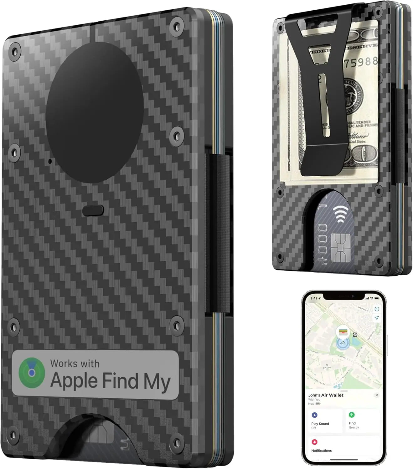 RFID Blocking Slim Wallet, Compatible with Find My iOS Only, Detachable Money Clip