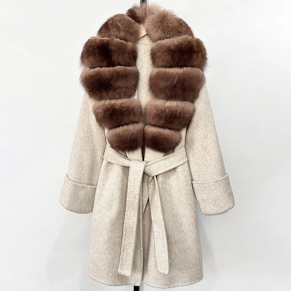 Women's Cashmere-Wool-Blend Fox Fur Collared Coat