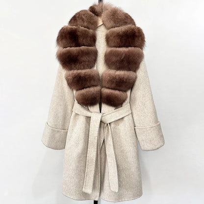 Women's Cashmere-Wool-Blend Fox Fur Collared Coat