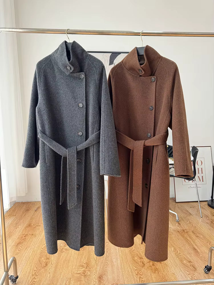 Women's 100% Wool Stand Collar Long Coat