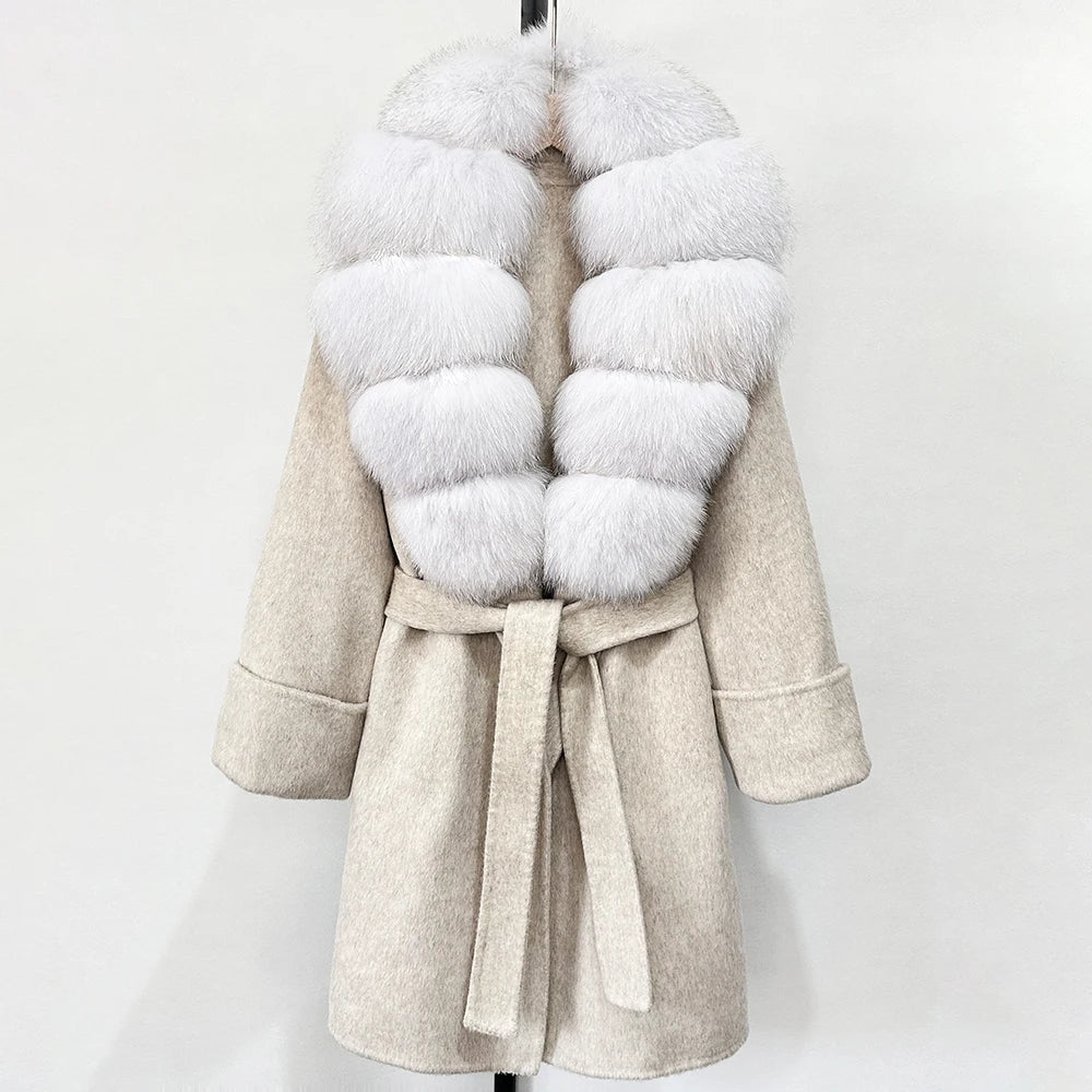 Women's Cashmere-Wool-Blend Fox Fur Collared Coat
