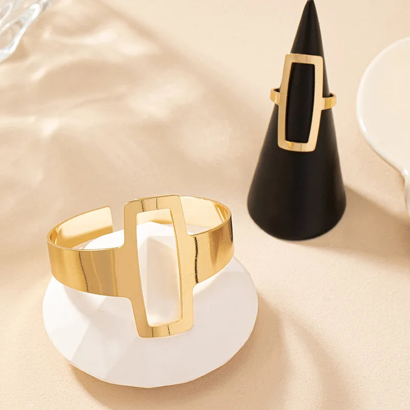 Minimalist Geometric Square Hollowed Out Bracelet and Ring Set