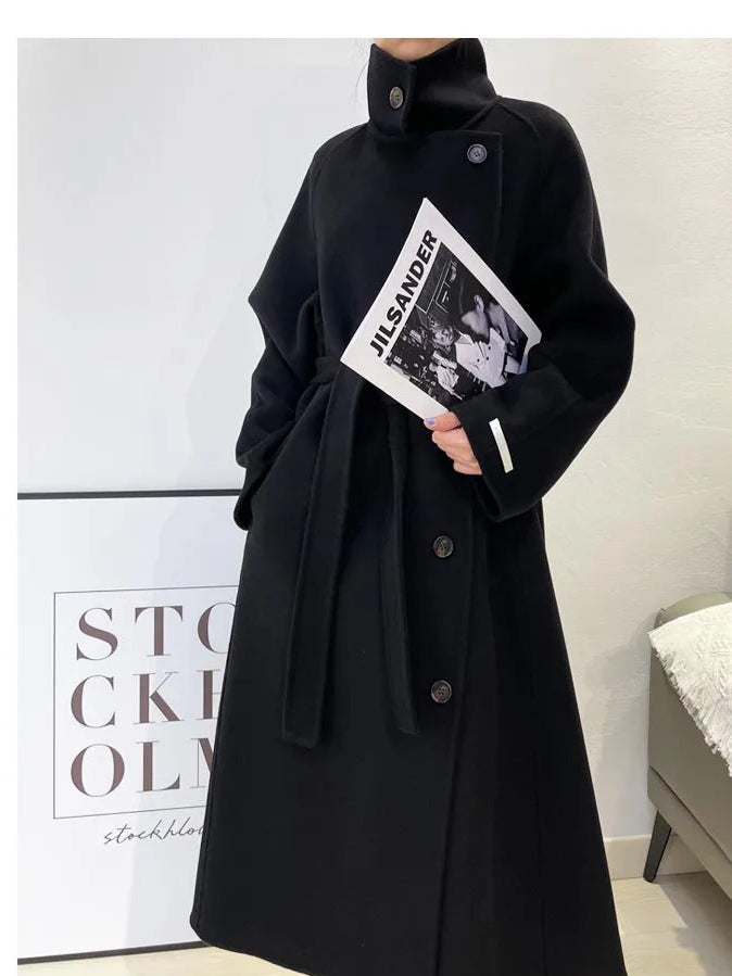 Women's 100% Wool Stand Collar Long Coat