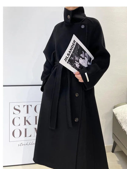 Women's 100% Wool Stand Collar Long Coat