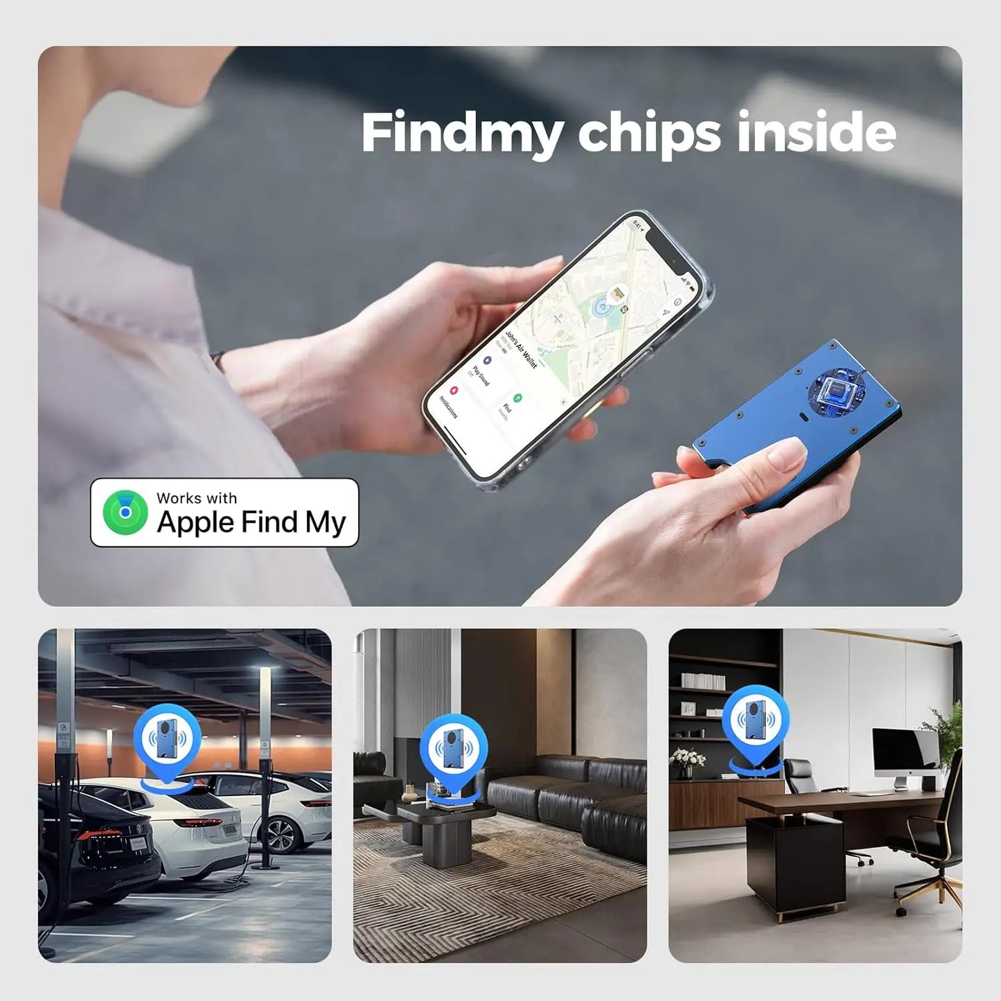 RFID Blocking Slim Wallet, Compatible with Find My iOS Only, Detachable Money Clip