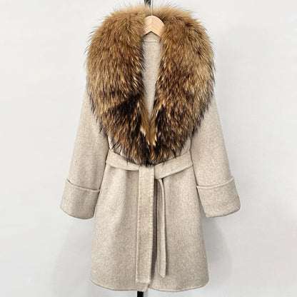 Women's Cashmere-Wool-Blend Fox Fur Collared Coat