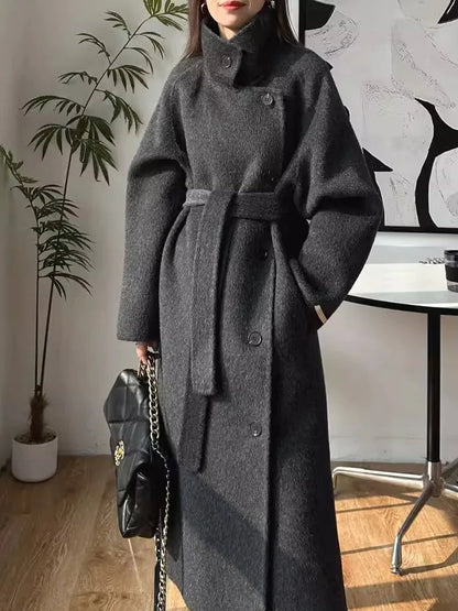 Women's 100% Wool Stand Collar Long Coat