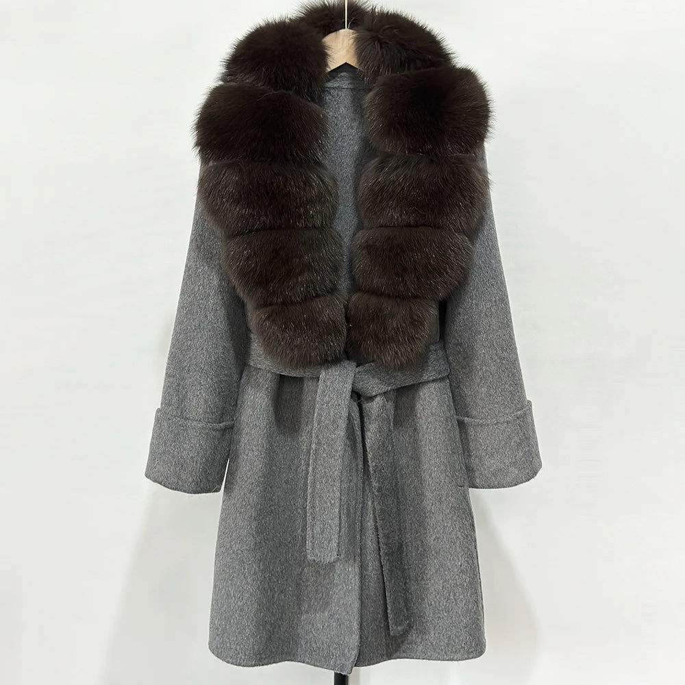 Women's Cashmere-Wool-Blend Fox Fur Collared Coat