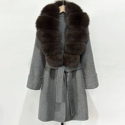 Women's Cashmere-Wool-Blend Fox Fur Collared Coat