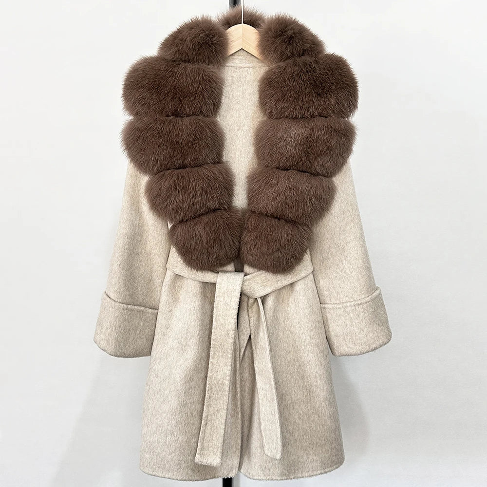 Women's Cashmere-Wool-Blend Fox Fur Collared Coat