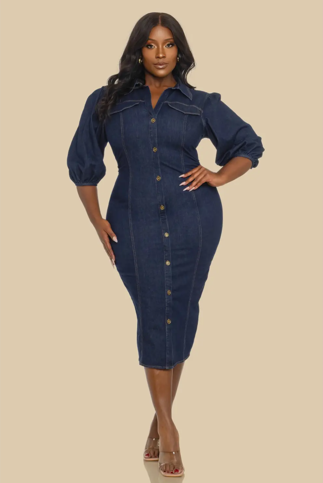 Plus Size Fitted Denim Puff Sleeve Midi Dress