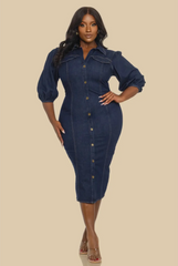 Plus Size Fitted Denim Puff Sleeve Midi Dress