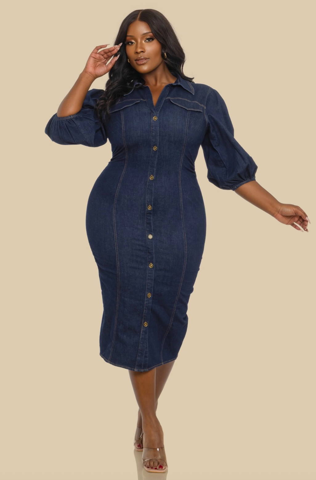 Plus Size Fitted Denim Puff Sleeve Midi Dress