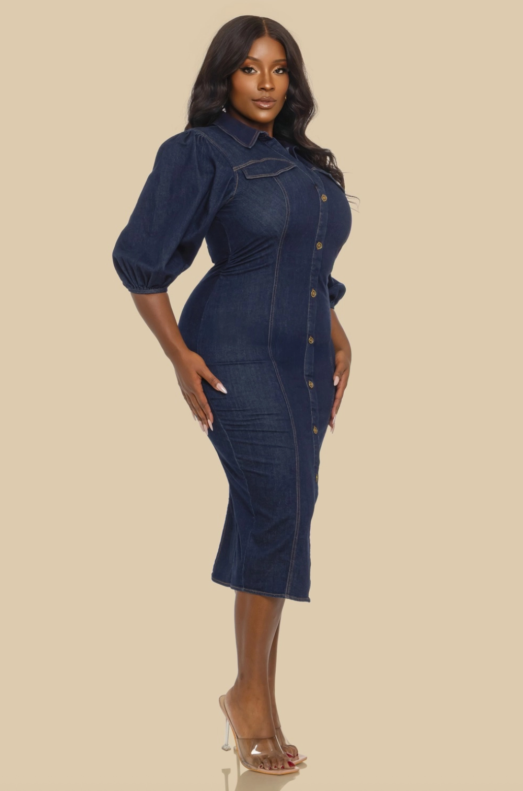 Plus Size Fitted Denim Puff Sleeve Midi Dress