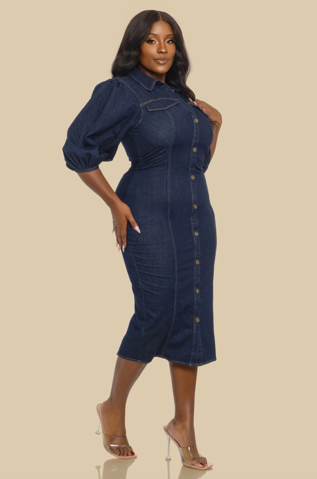 Plus Size Fitted Denim Puff Sleeve Midi Dress