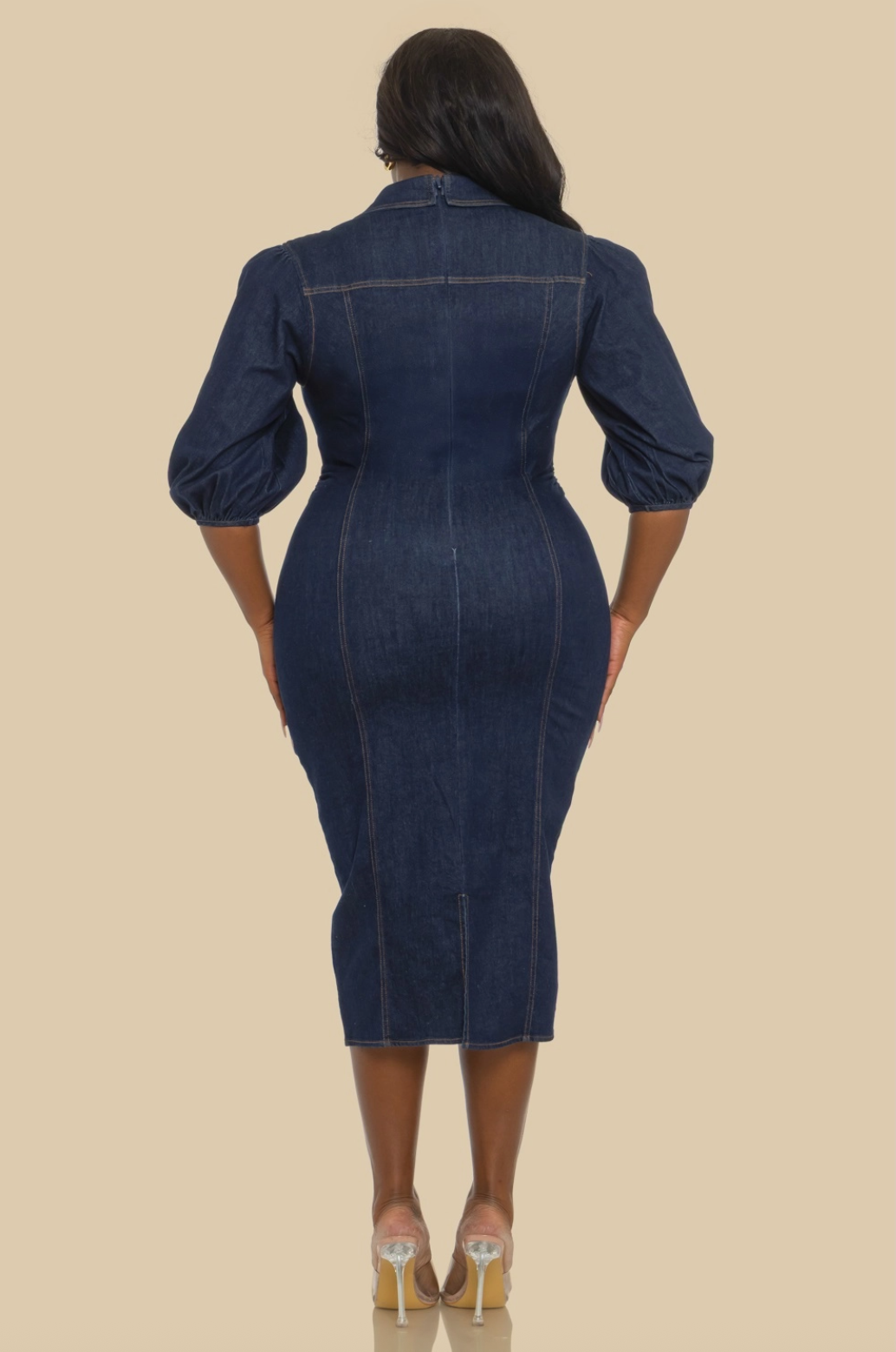 Plus Size Fitted Denim Puff Sleeve Midi Dress