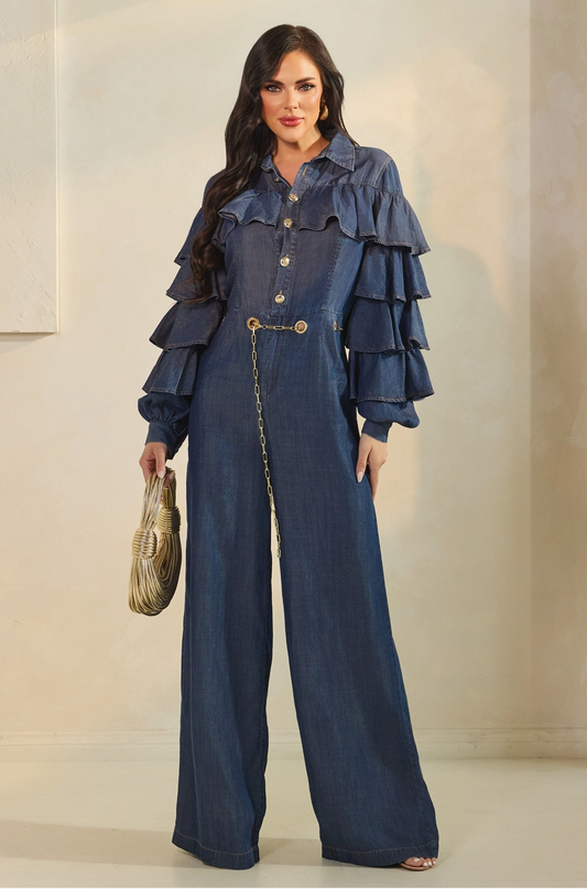 Layered Ruffle Sleeve Jumpsuit with Grommet Belt Detail